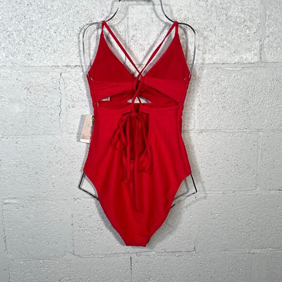 Jessica Simpson Pretty in Pique Twist Front One Piece Swimsuit red Medium - Picture 2 of 10